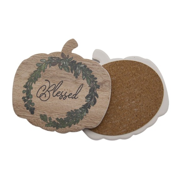 Celebrate Decorative Coaster Set Pumpkin Shape Blessed Stoneware Coasters 4pc - Picture 1 of 5